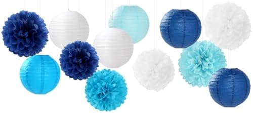 Blue-White Birthday Party-Decorations Paper-Flowers Lanterns - 15PCS Light Royal Tissue Pom Poms Streamers,Classroom Ocean Themed Baby Bridal Shower Bachelorette Wedding Hanging Supplies Decor Hugfond