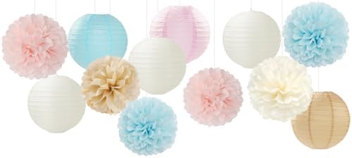 Light-Blue Pink Champagne Gender-Reveal Party-Decorations - 15pcs Boy Or Girl Paper Flowers Tissue Pom Poms Lanterns Streamers,Birthday Bear Baby Shower Neutral Hanging Supplies Decor Hugfond