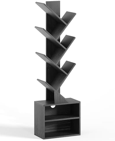 SUNMORY 6 Tier Tree Bookshelf, Tall Small Bookcase with Storage Cabinet