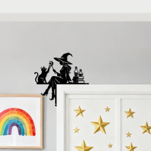 CUTHOLLOW Witch and Black Cat Door Topper Sign Metal Wall Art Decor