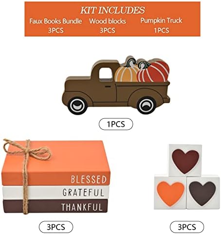 Thanksgiving Tiered Tray Decor - Fall Decorations for Home - 3 Double Sided Faux Book Stack 3 Love Wood Block 1 Pumpkin Truck - Farmhouse Rustic Wooden Table Sign for Autumn Thanksgiving Harvest