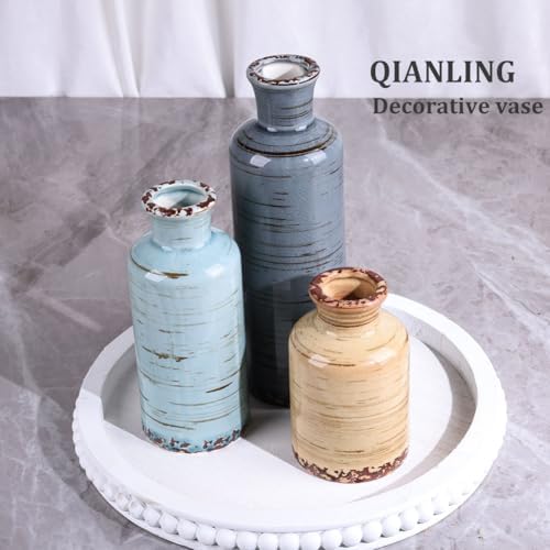 Ceramic Vase Set - 3 Small Flower Vases Home Decor, Modern Rustic Farmhouse Pottery Vases for Centerpieces, Living
