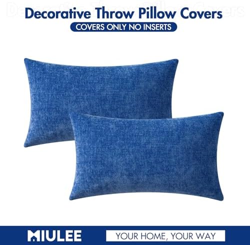 MIULEE Soft Chenille Lumbar Throw Pillow Covers Royal Blue 12x20 Pack of 2