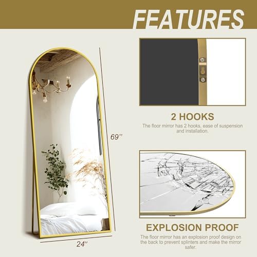 Delma Arched Full Length Mirror with Stand, 69x24 Gold Floor Mirror