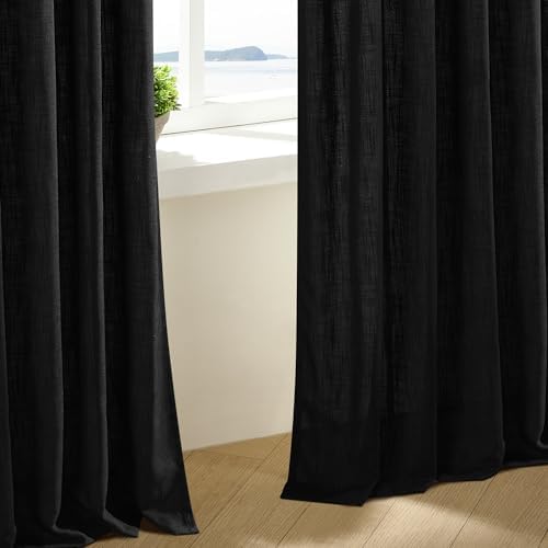 TWODRAPES Black Pinch Pleated Linen Semi Sheer 80 Inch Curtains 2 Panels