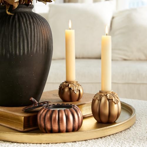 DN DECONATION Fall Pumpkin Candle Holders, Gold Candlestick for Home Decor