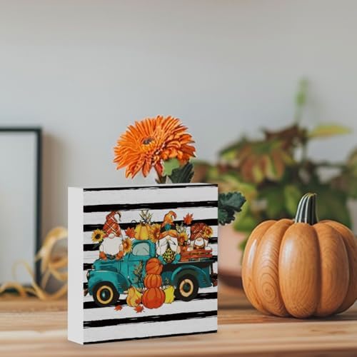 Rustic Fall Gnomes Truck Pumpkin Sign Fall Decorations for Home Office Indoor Fall Desk Decor for Bathroom Bedroom Autumn Thansgiving Decor 5 x 5 Inches