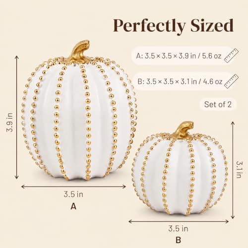 Fall Decorations for Home Set of 2 White & Gold Resin Pumpkin Table Decor