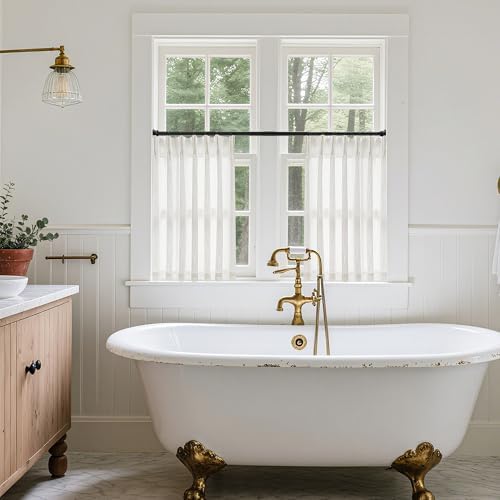 TWODRAPES Beige White Linen Pleated Curtains 30 Inch Length Light Filtering