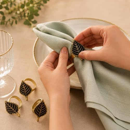 ALPHA Living HOME Set of 12 Napkin Rings for Farmhouse Decor Premium Metal Leaf Dinnerware Napkin Holders Thanksgiving, Christmas, and Easter Table Setting (Antique Gold)