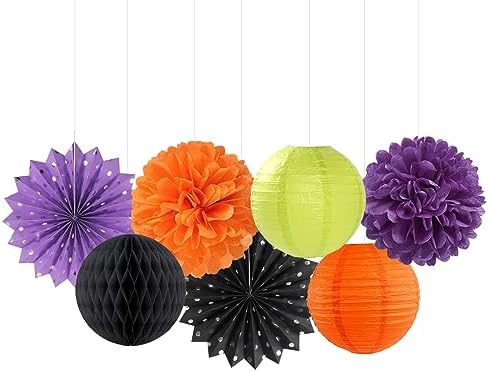 Black-Orange Purple Green Halloween Party-Decorations - 14pc Kit Paper Lanterns Fan,Tissue Flower Pom Poms Streamers,Honeycomb Balls,Birthday Supplie Wedding Baby Bridal Shower Decor Lasting Surprise