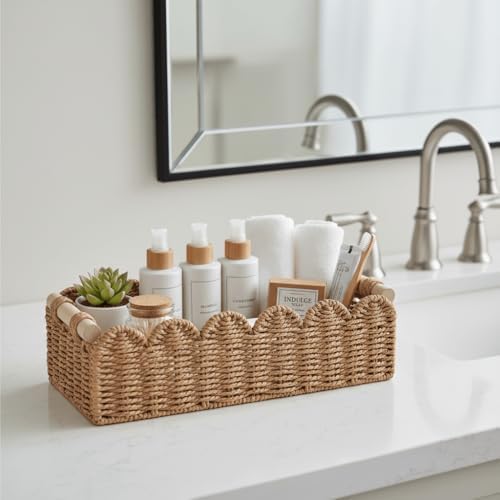 CubesLand Scalloped Toilet Paper Storage Basket W/Handle for Home Decor