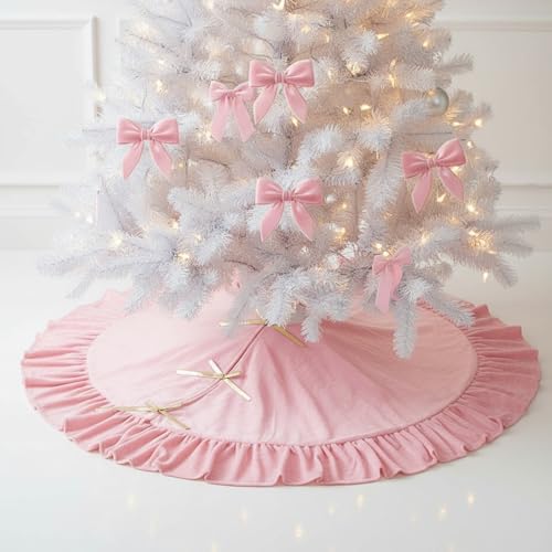 Velvet Christmas Tree Skirt, 48 Inches, Bow Style, Pink