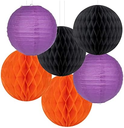 Black Orange Purple Halloween Party-Decorations - 14pcs Kits Paper Lanterns Fan,Tissue Flower Pom Poms Streamers,Honeycomb Balls,Graduation Birthday Wedding Baby Bridal Shower Decor Lasting Surprise