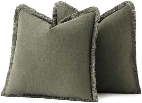 MIULEE Linen Fringe Decorative Euro Throw Pillow Covers Olive Green 22x22