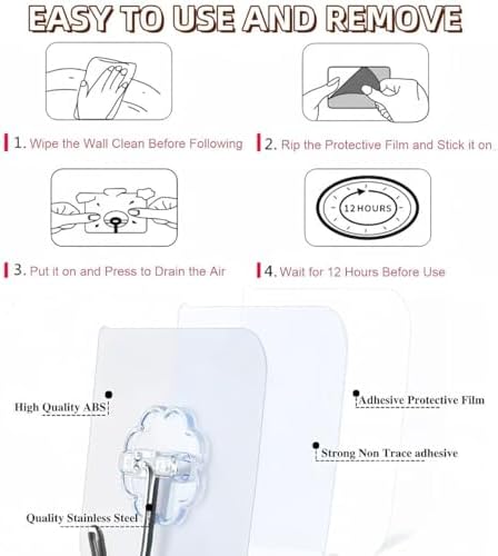 DDMY 100 Pack Heavy Duty Self Adhesive Hooks 50 lbs Transparent Reusable Sticky Wall Hooks for Hanging Waterproof