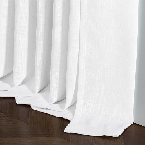 Snow White Pinch Pleated Linen Semi Sheer Curtains 54 Inch Length 2 Panels