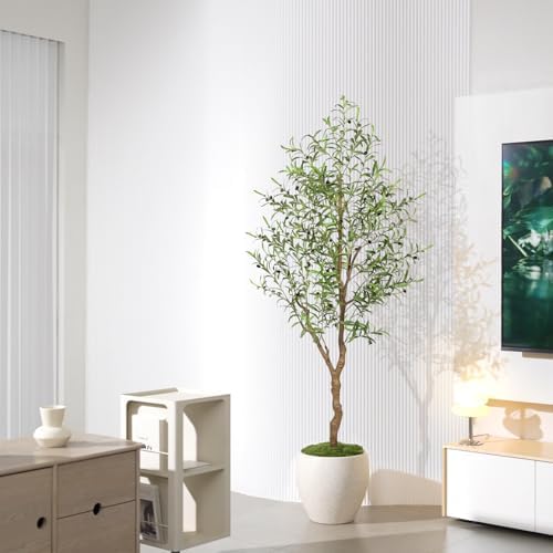 FEELEAD 6FT Faux Olive Tree with Natural Textured Trunk & Lifelike Leaves