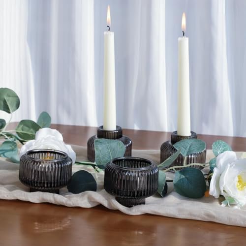 Woho Smoky Grey Candlestick Holders Set of 4 for Halloween/Daily Home Decor