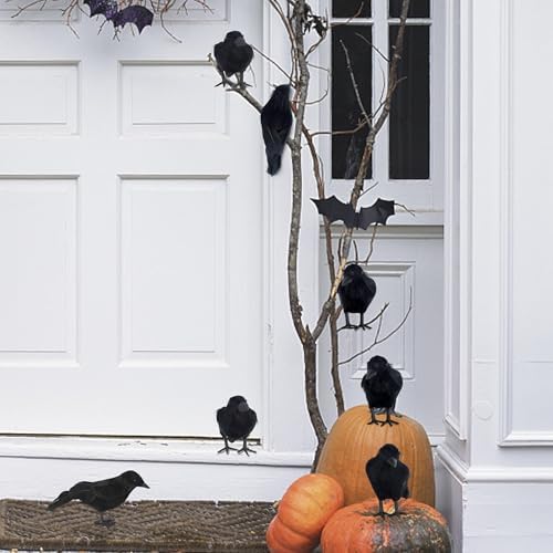 ATDAWN Halloween Birds, Black Feathered Crows, Realistic Looking Halloween Birds Decoration Birds, 6.2" (6)