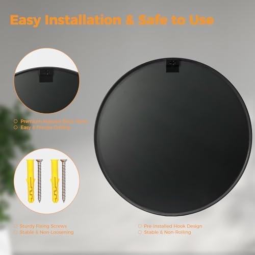24 Inch Black Round Bathroom Wall Mirror, Round Mirrors for Wall Decor, Circle Mirror for with HD Shatter-Proof Glass