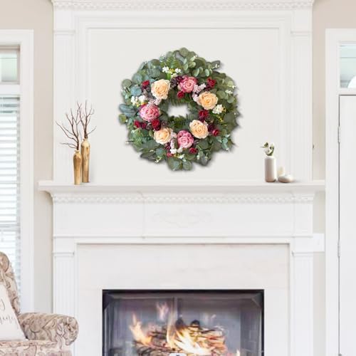 WANNA-CUL 24 Inch Pink Champagne Rose Spring Wreath for Front Door