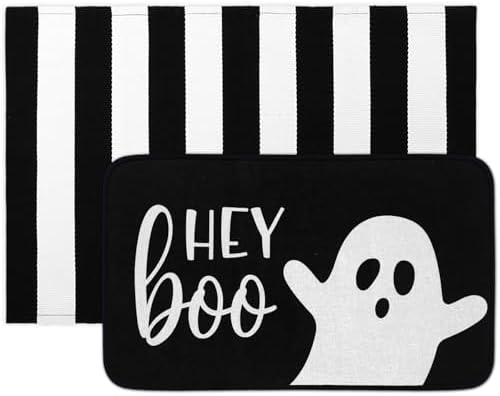 Tinideya 2 Pcs Halloween Doormats Spooky Ghost Welcome Outdoor Door Mats Layered Front Door Rugs Non Slip Floor Mats for Porch Entryway Outdoor