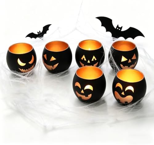 SHMILMH Halloween Table Centerpiece Candle Holders Set of 12, Black and Gold Glass Votive Holder with 6 Grimace, Tealight Holders Bulk for Halloween Party Decor