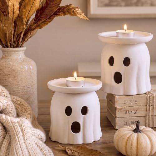 Tioncy 2 Pcs Halloween Terracotta Ghost Candle Holder Table Decor White