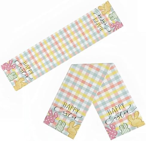 Niviy Buffalo Plaid Rabbit Bunny Happy Easter Table Runner, 13x120 Inch Check Stripes Kitchen Table Decor, Spring Kitchen Dining Table Decoration for Home Party Decor