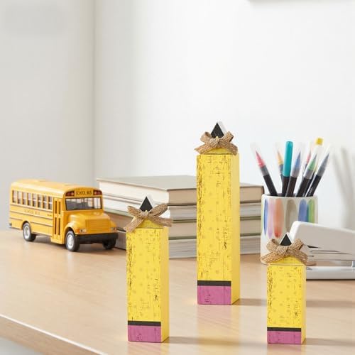 Smile Back to School Wooden Tabletop Decor - Pencil Shaped Desktop Signs - Classroom & Home Office Decorations Gift