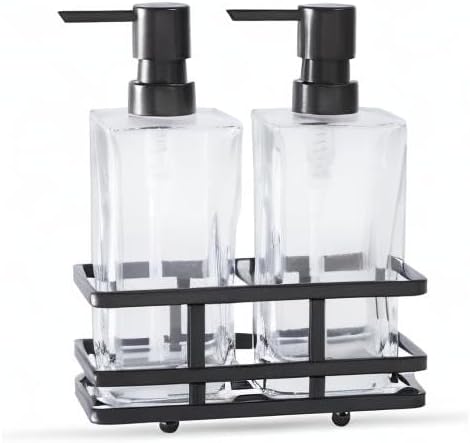 Square Glass Clear Lotion and Soap Pump Dispenser Set with Metal Stand Caddy for Bathroom Bath Kitchen Home Office