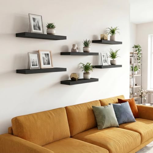 Fixwal Floating Wall Shelves for Decor (Black, Set of 6, 15.7 Inch)