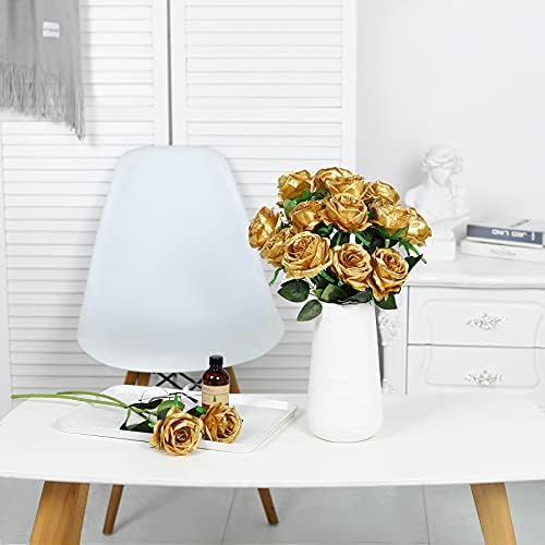 10pcs Gold Roses Artificial Flowers, Realistic Faux Rose with Long Stem