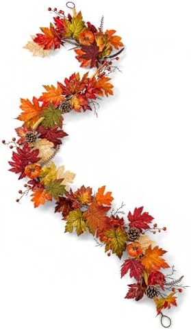 6FT Fall Maple Leaf Garland with Mini Pumpkins Pinecones & Red Berries, Artificial Autumn Leaves Garland for Thanksgiving Autumn Mantel Fireplace Stair Railing Front Door Farmhouse Decor