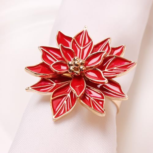Christmas Poinsettia Napkin Rings Set of 6 Holders with Red Flowers, Christmas Napkin Rings Dinning Table Setting for Wedding Party Holiday Banquet Decor(Bows-6pcs)