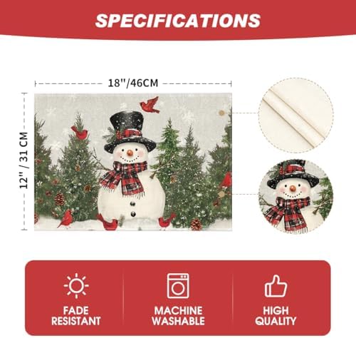 Artoid Mode Snowman Birds Trees Christmas Placemats Set of 6, 12x18 Inch Seasonal Grey Winter Holiday Table Mats for Party Kitchen Dining Decoration