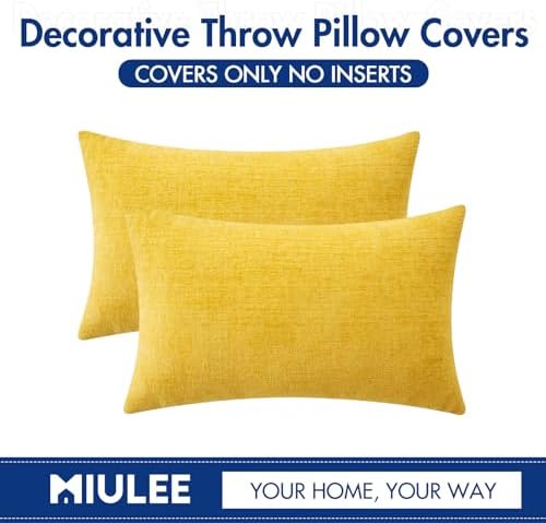 MIULEE Soft Chenille Lumbar Throw Pillow Covers Yellow 12x20 Pack of 2