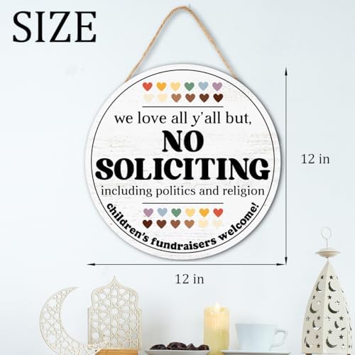No Soliciting Round Wood Hanging Sign for Front Door,Do Not Knock or Ring Doorbell House Welcome Sign