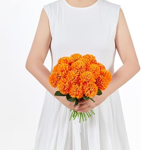 SITUMEIZI 12 Pcs Orange Artificial Chrysanthemum Flowers, Fake Mums