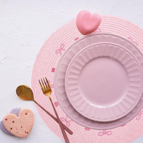 Whaline 4 Pcs Pink Bow Embroidered Placemats Round Place Mats Coquette Bow Dinner Table Mats for Home Wedding Baby Shower Birthday Party Decor