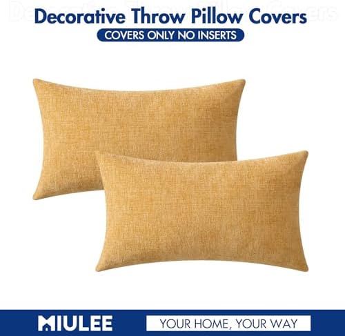 MIULEE Soft Chenille Lumbar Throw Pillow Covers Beige Yellow 12x20 Inch