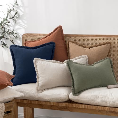 MIULEE Boho Linen Fringe Decorative Throw Pillow Covers Dark Navy 20x20