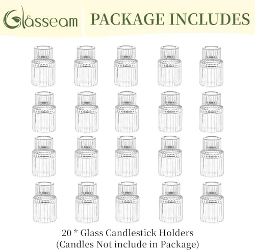 Glasseam Glass Candlestick Holders Bulk: 20 Pcs Small Taper for Table Decor