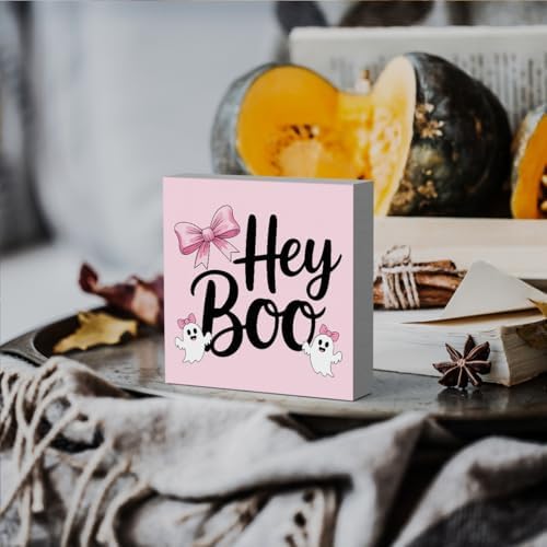 HTBIG Halloween Hey Boo Sign Cute Pink Ghost Desk Decor For Home Rustic Wooden Shelf Decor Season House Girl Room Indoor 5 x 5 Inch
