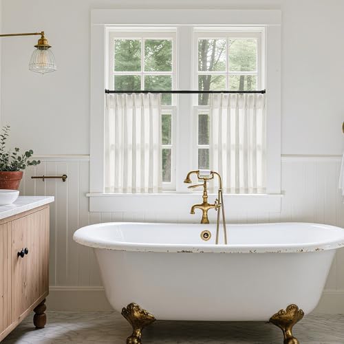 TWODRAPES Cream Ivory Linen Pleated Light Filtering Curtains 30 Inch Length
