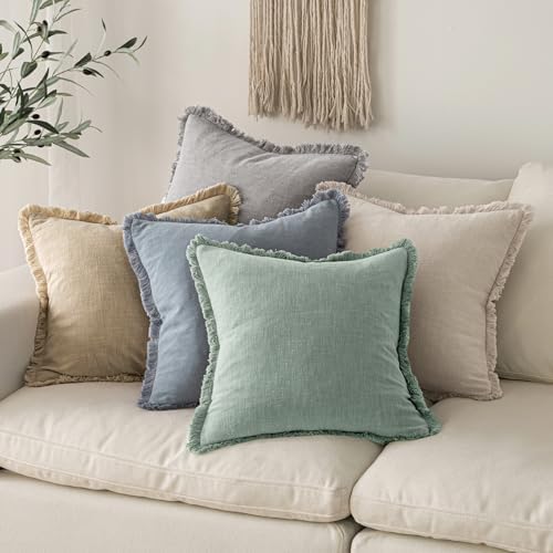MIULEE Linen Fringe Decorative Euro Throw Pillow Covers Light Blue 24x24