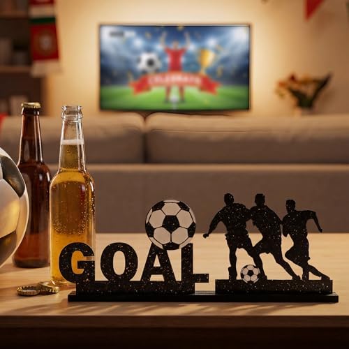 Smile Soccer GOAL Wooden Standing Decor Set, 2-Piece Black Player Silhouette & Text Tiered Tray Tabletop Signs with Stands for Game Day & Sports Party Decorations