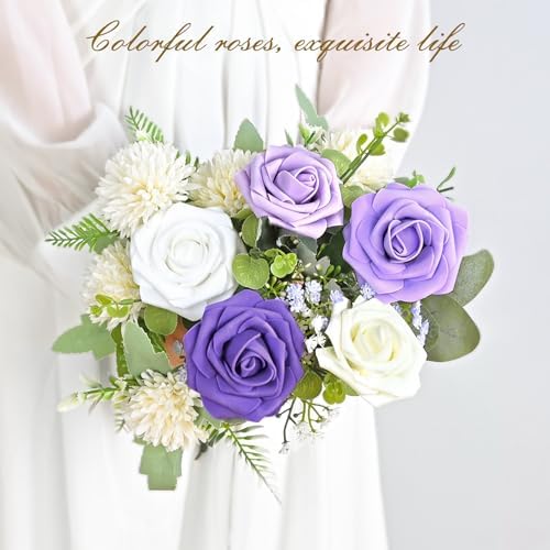 BLEUM CADE 16Pcs Artificial Flowers Fake Foam Roses with Stems for Wedding