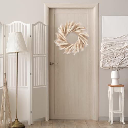 Sggvecsy Pampas Grass Wreath 26’’ Faux Pampas Wreath for All Seasons Artificial Pampas Wreath Christmas Decor Boho Wall Decor for Front Door Farmhouse Fall Autumn Xmas Spring Wreath Decoration (Mix)